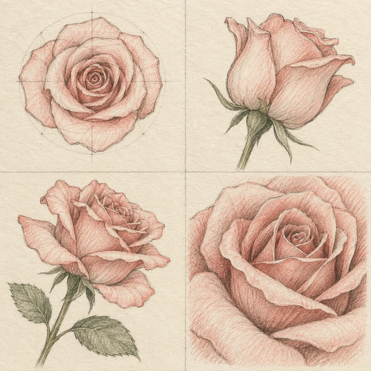 A hand-drawn gallery showing four different Rose drawing approaches