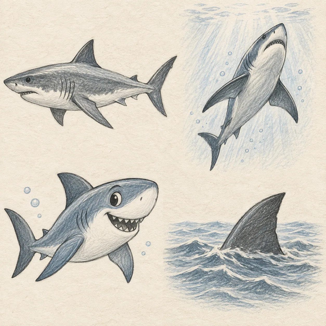 A hand-drawn gallery showing four different Shark drawing approaches