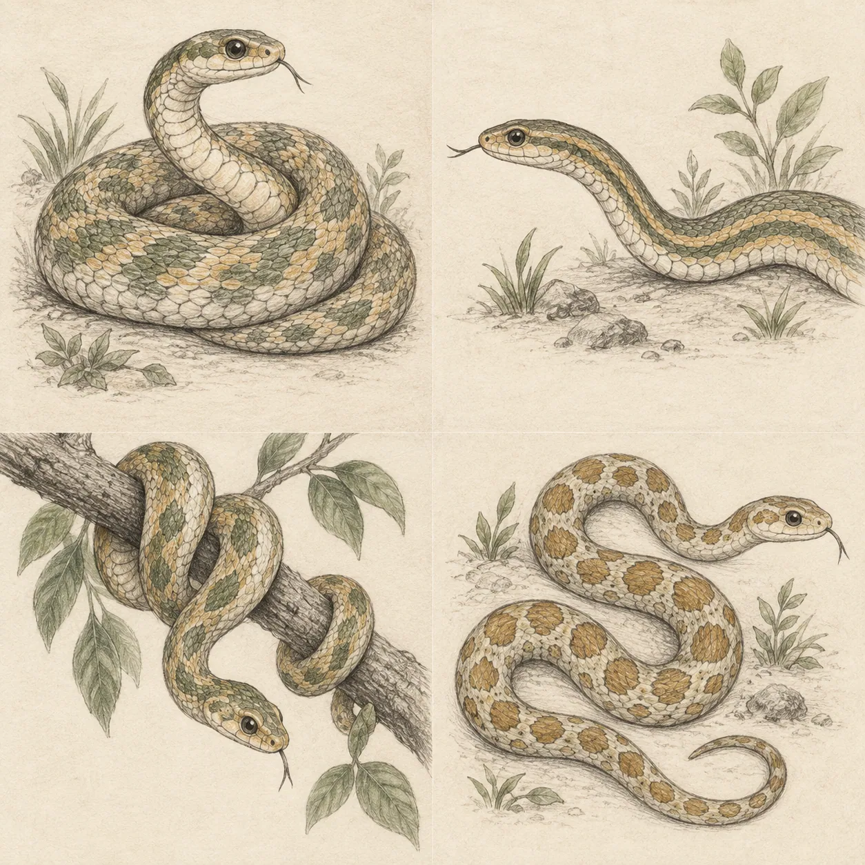 A hand-drawn gallery showing four different Snake drawing approaches
