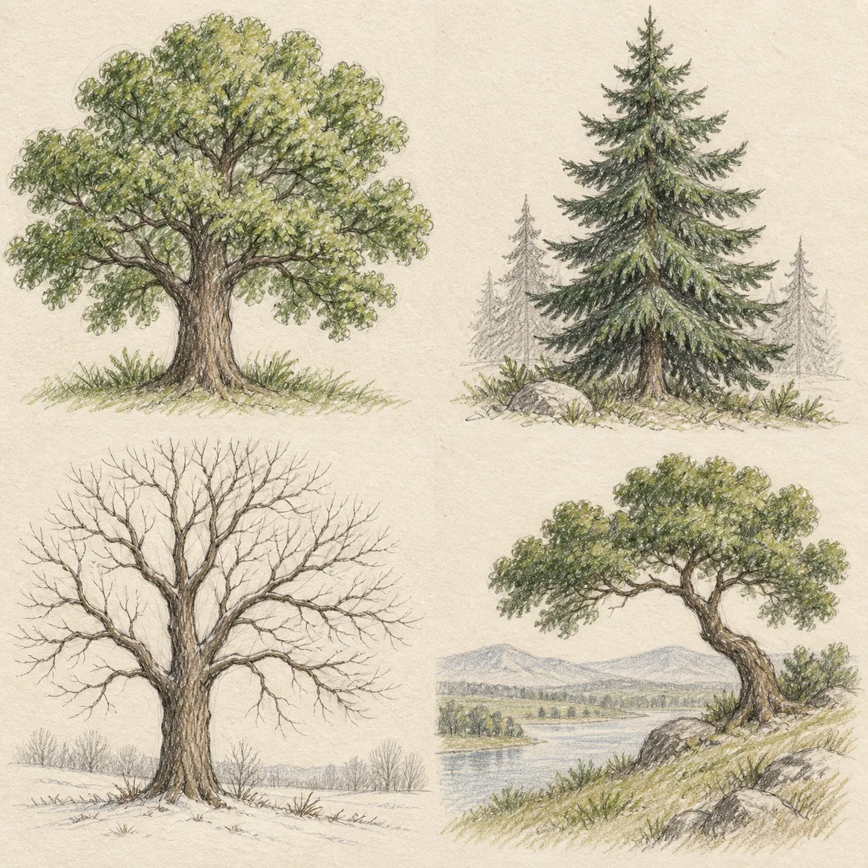 A hand-drawn gallery showing four different Tree drawing approaches