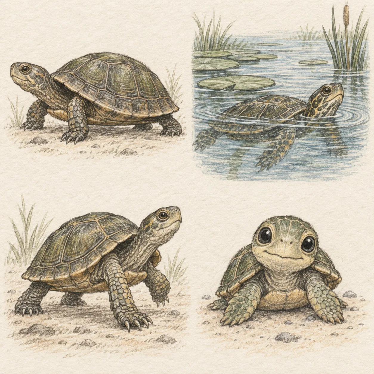 A hand-drawn gallery showing four different Turtle drawing approaches