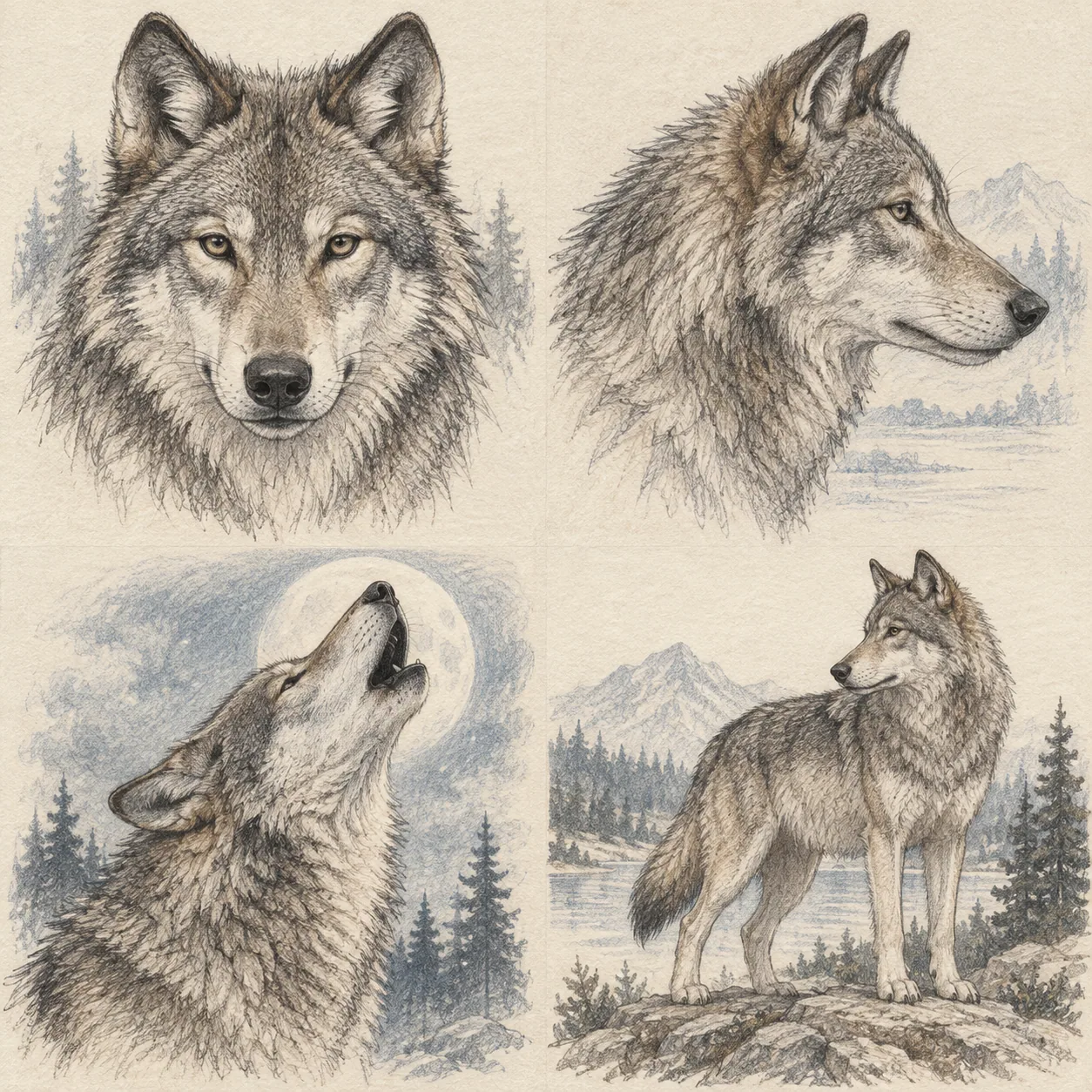 A hand-drawn gallery showing four different Wolf drawing approaches
