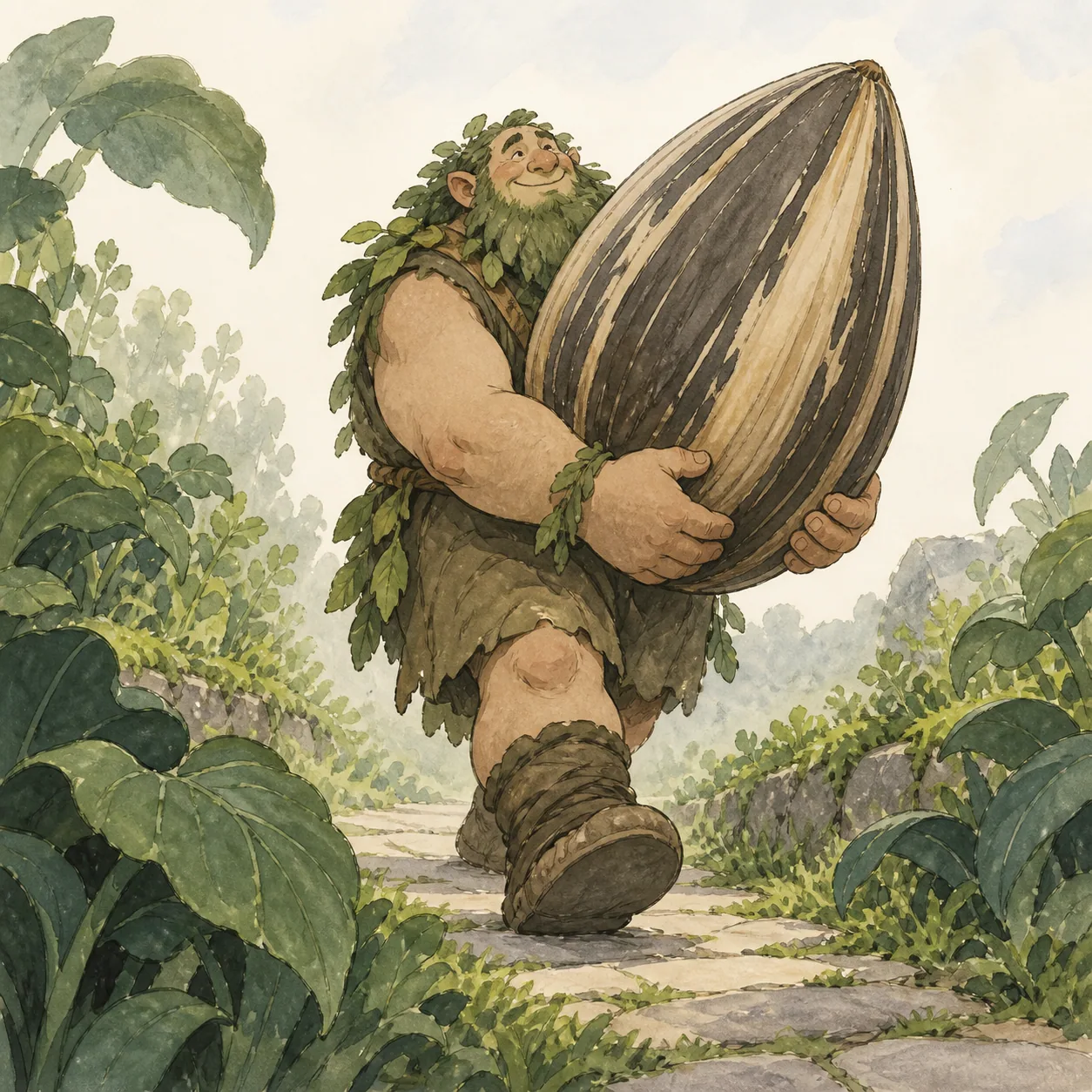 A cartoon garden giant carrying one enormous seed through a leafy path