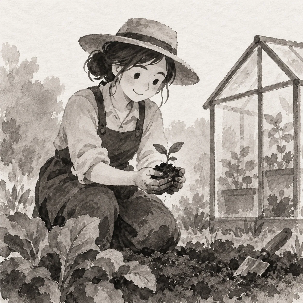 A gardener holding a seedling beside a small greenhouse