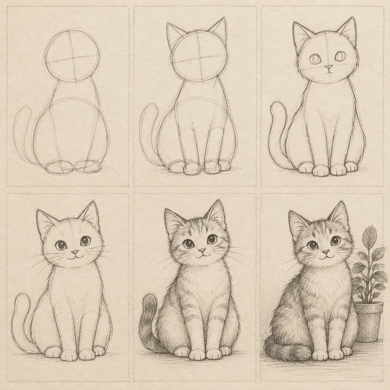 A simple pencil drawing process showing a friendly subject built from basic shapes