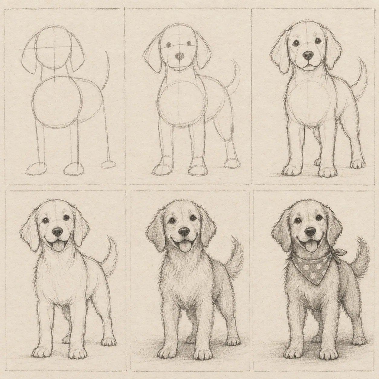 A pencil drawing process board showing a subject developing through several steps