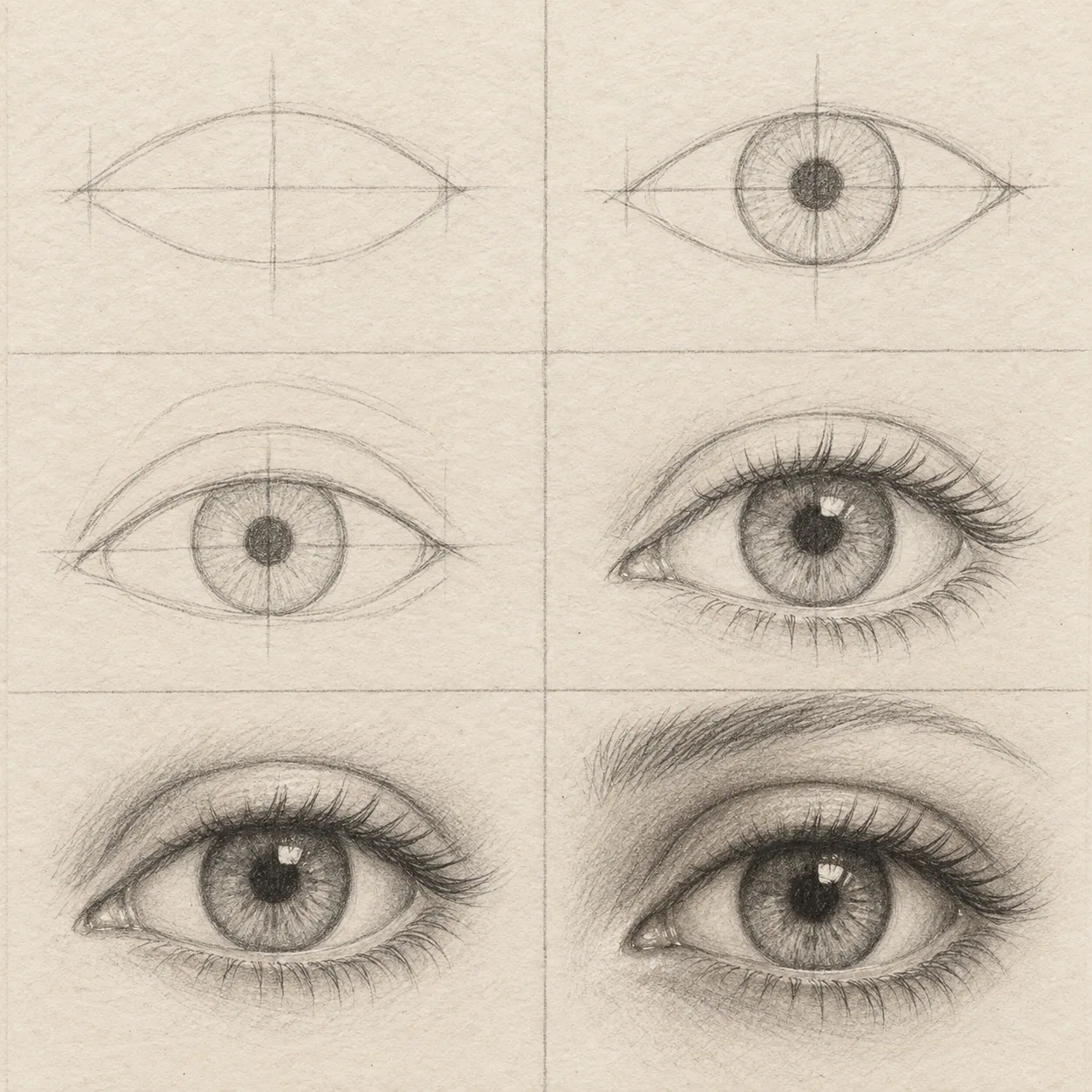 Six pencil sketch panels showing how to draw eyes step by step