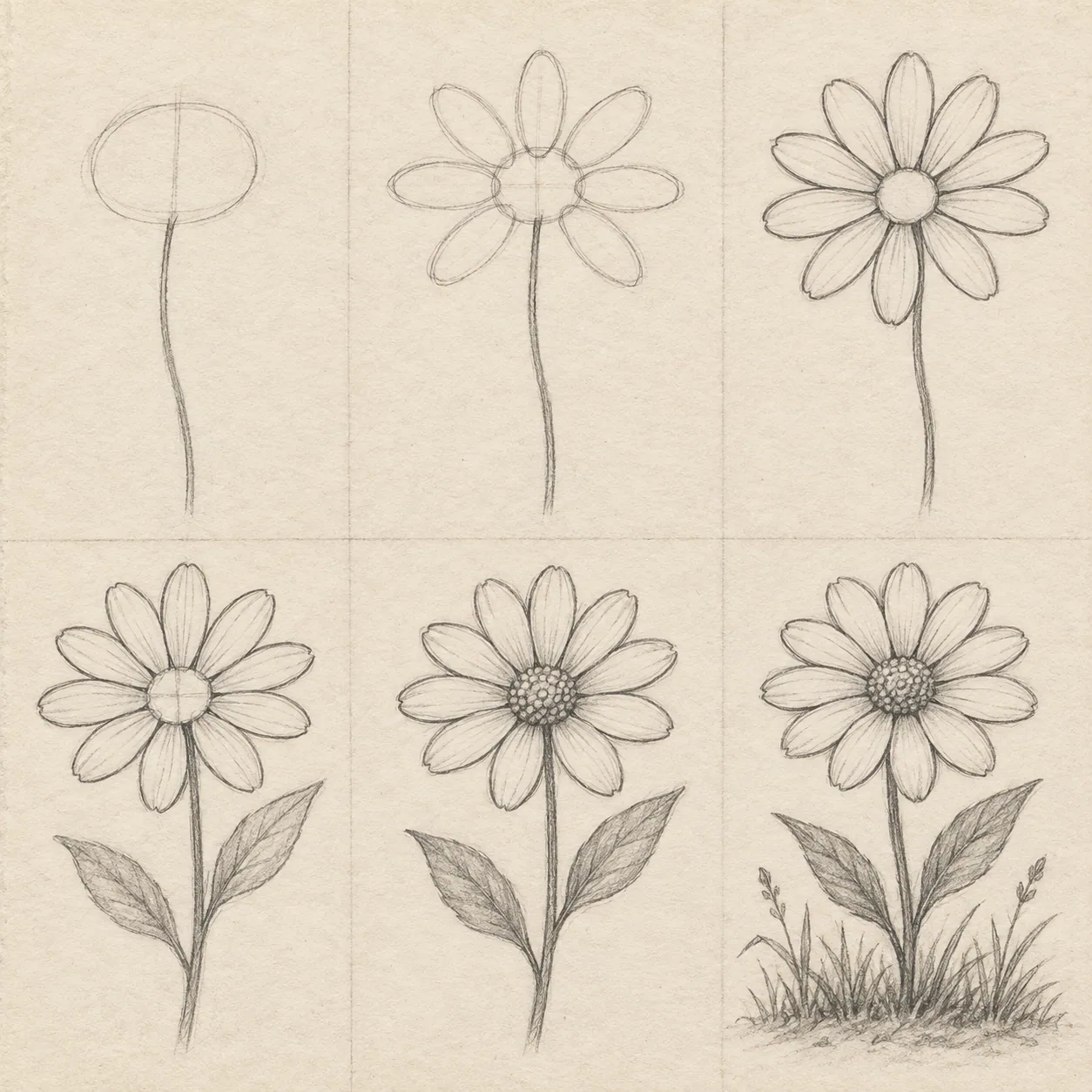 A beginner pencil drawing sequence made from simple construction shapes