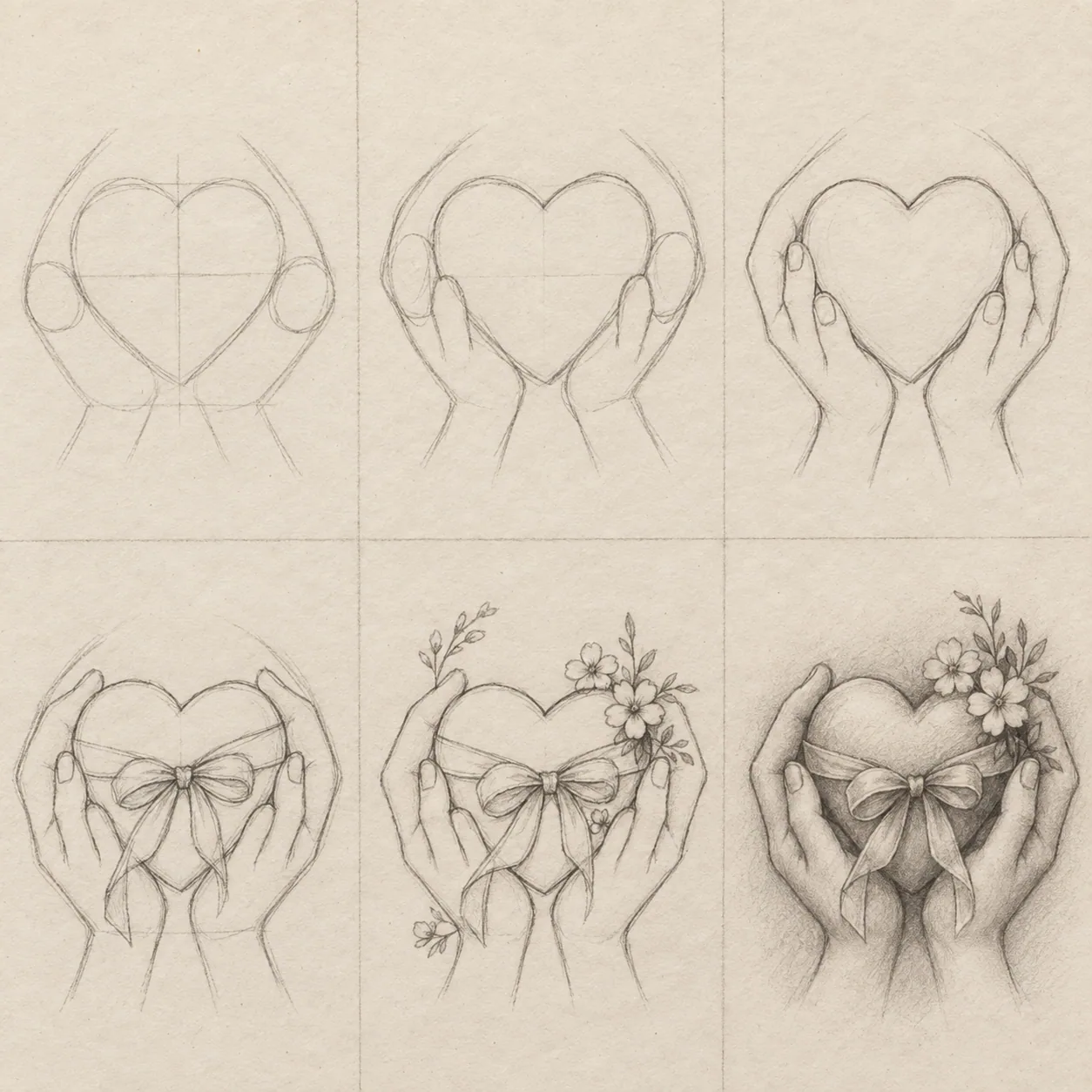 Six pencil sketch panels showing how to draw love drawings step by step