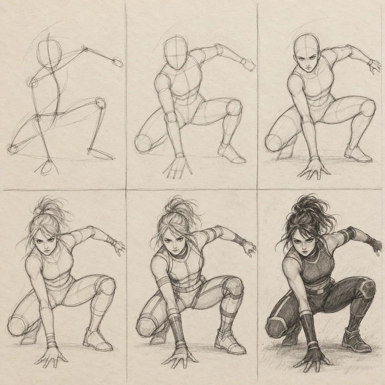 Six pencil sketch panels showing how to draw Spider-Man step by step
