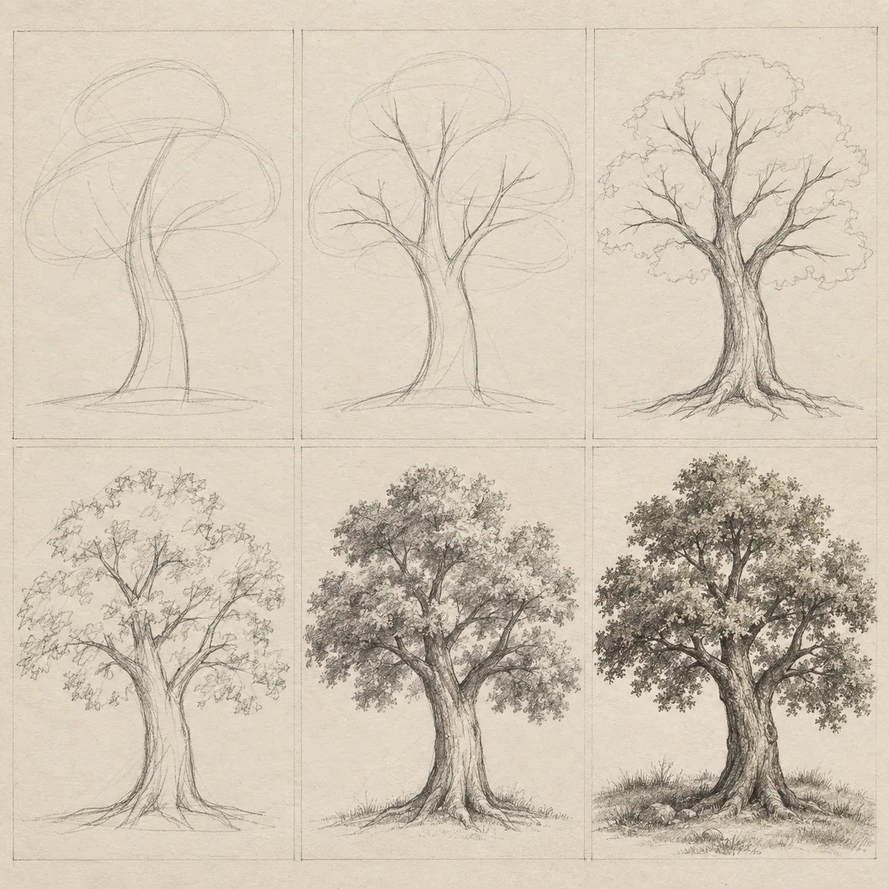 A loose pencil sketch sequence showing gesture lines becoming a clear subject