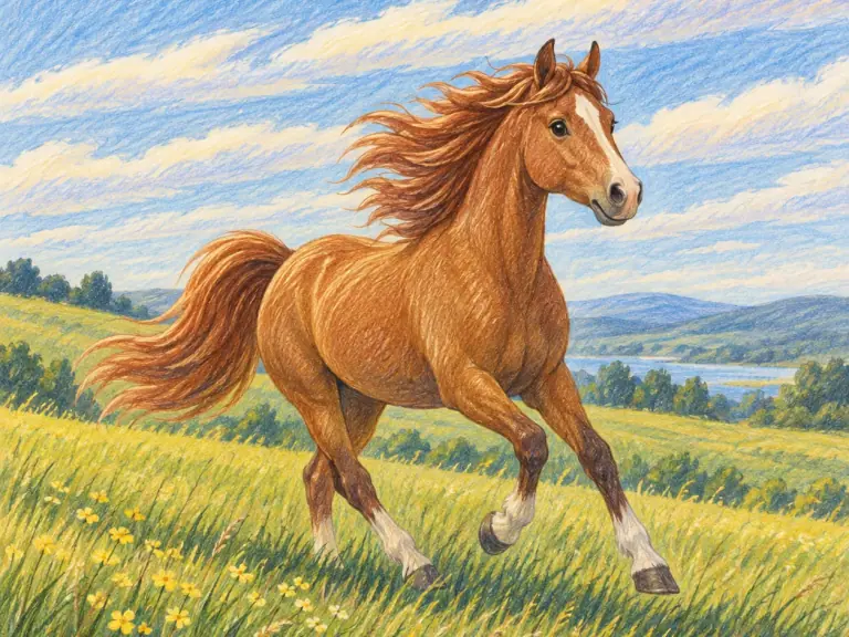 A playful horse crossing a meadow beneath long clouds
