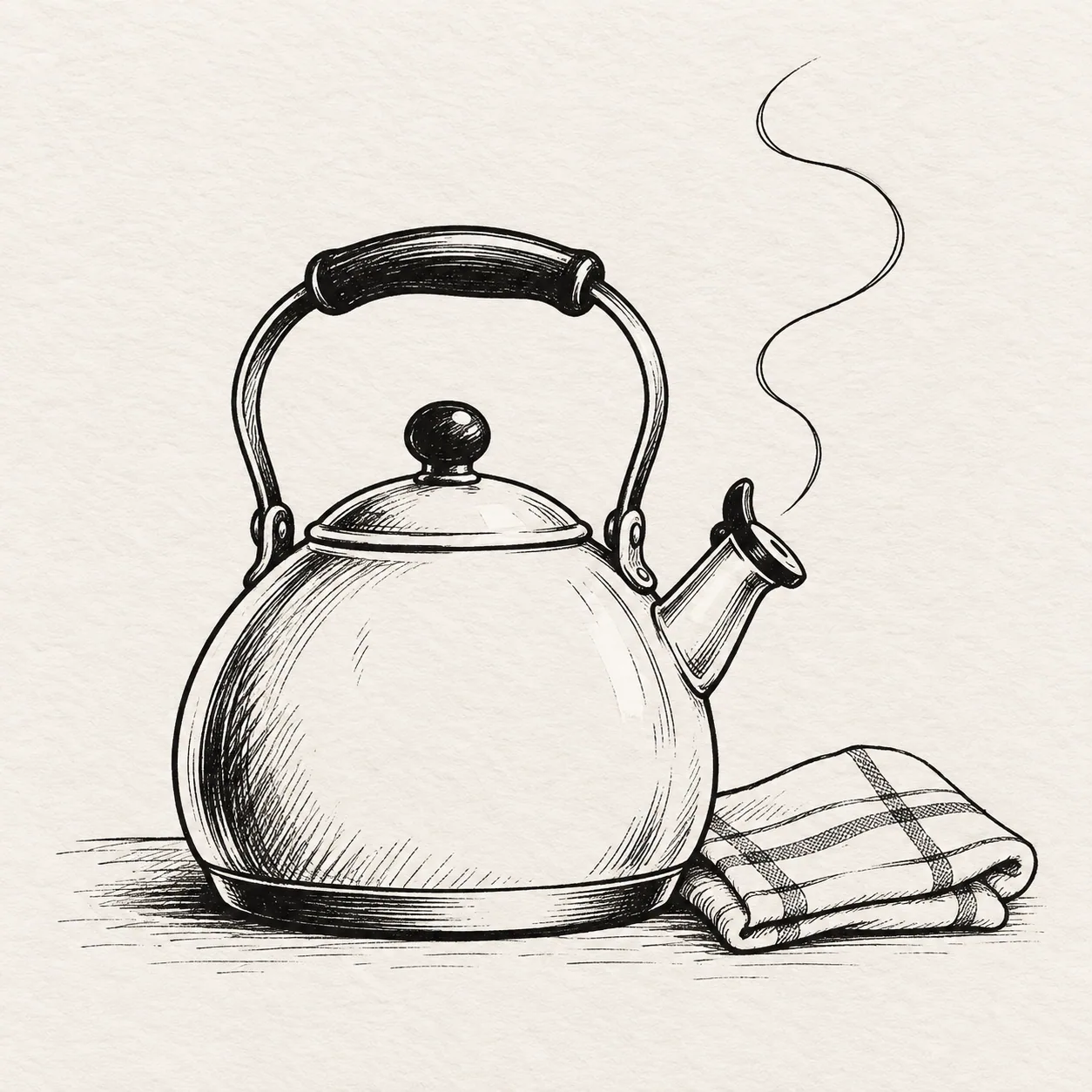 A rounded kettle resting beside a small kitchen towel