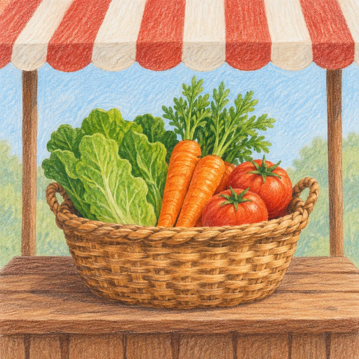 A woven basket filled with vegetables on a market stall