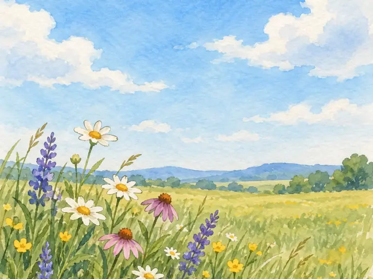 A cartoon meadow filled with a small cluster of wildflowers beneath a wide sky