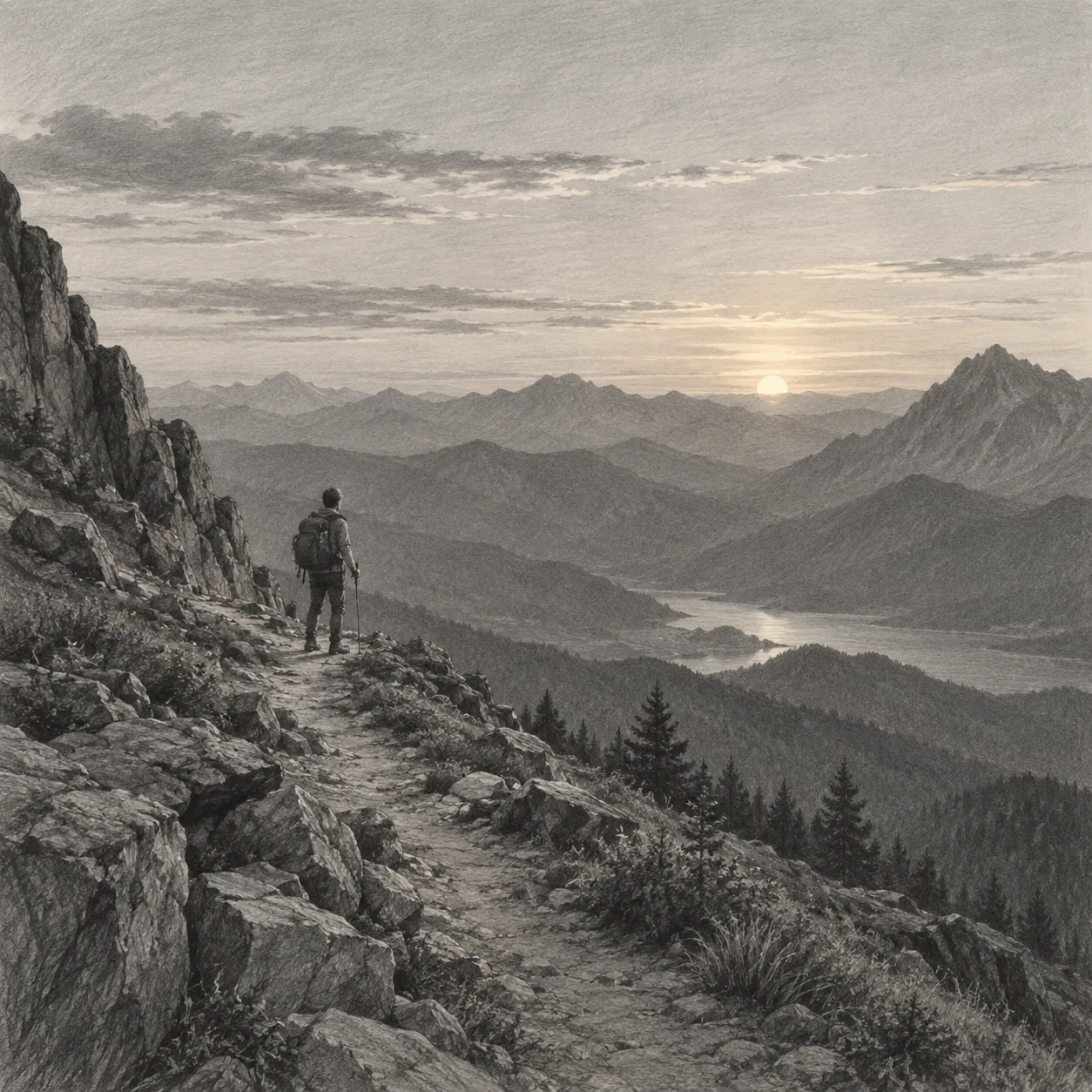 A mountain landscape in soft evening light