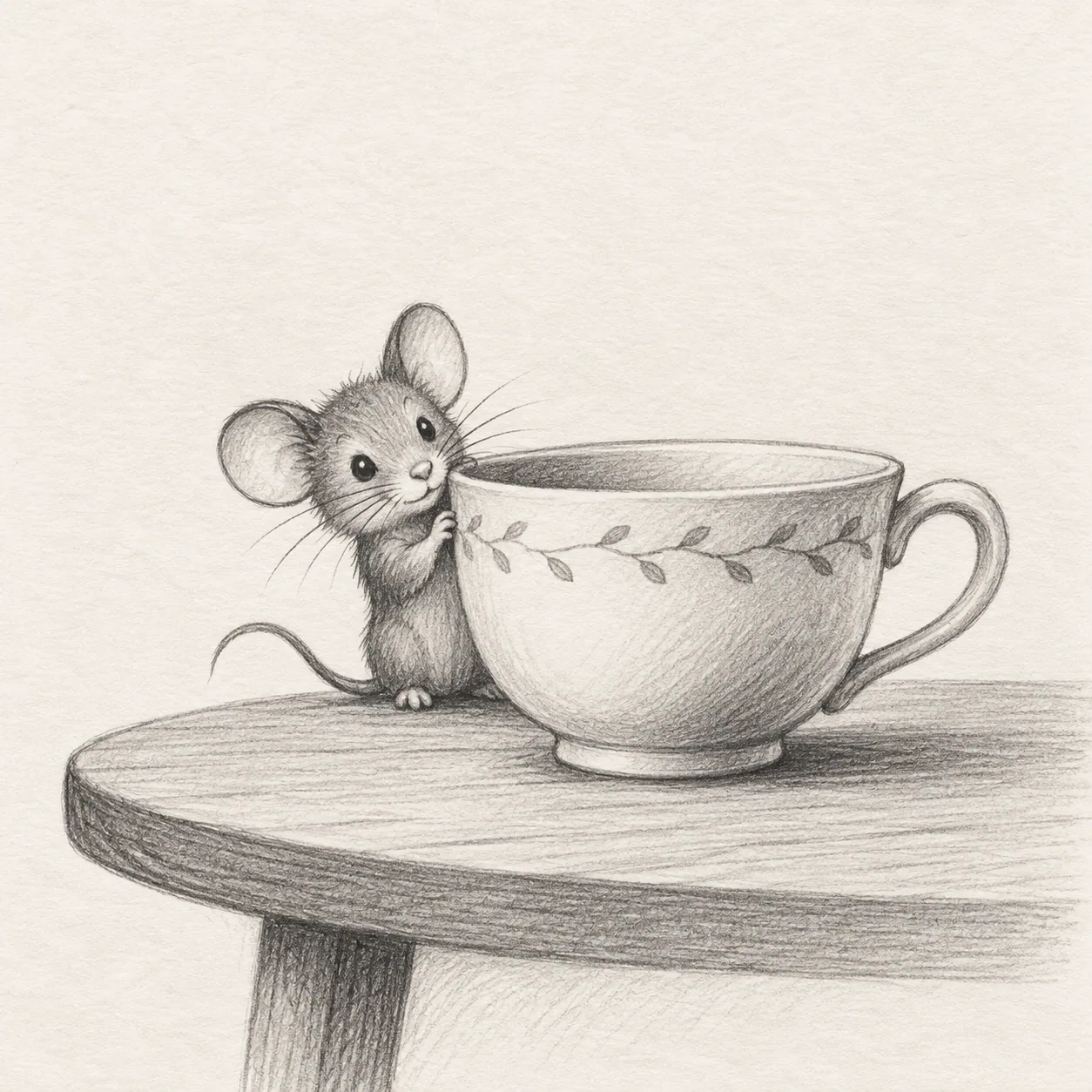 A cute cartoon mouse peeking from beside a teacup on a small table
