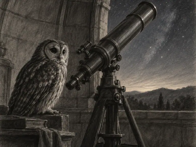 An owl perched beside an old observatory telescope