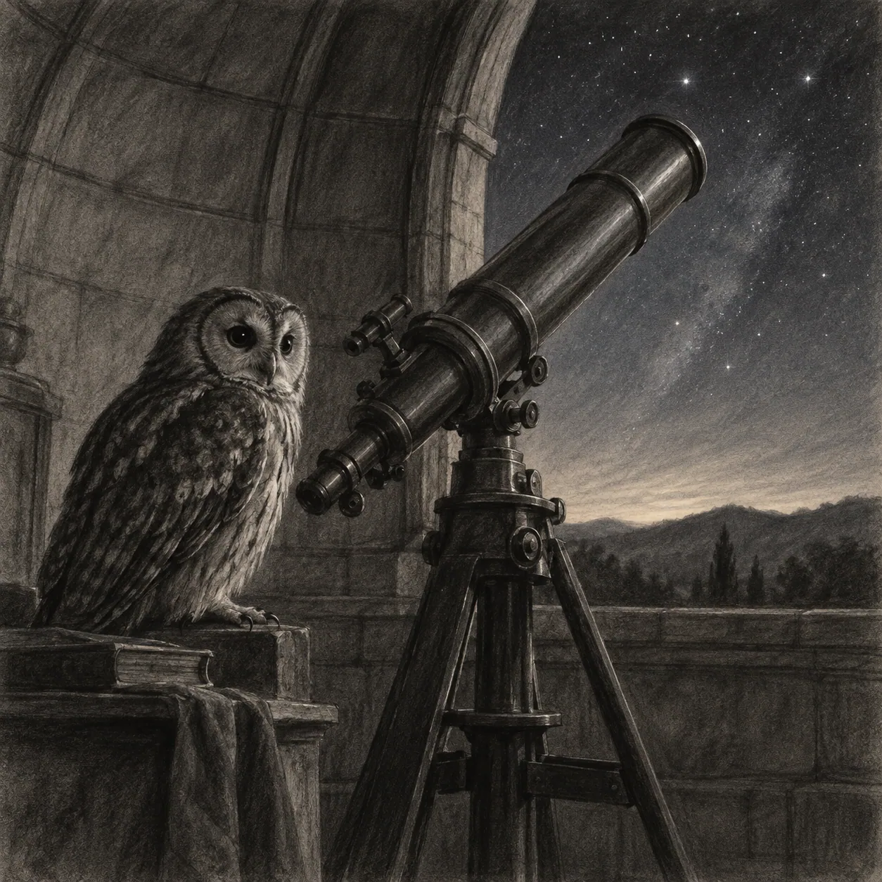 An owl perched beside an old observatory telescope