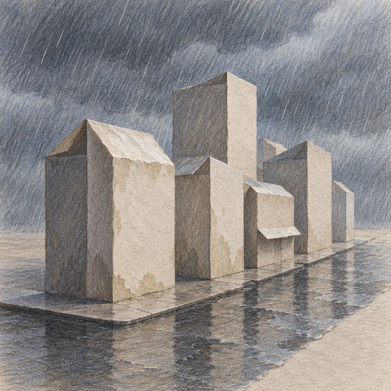 A realistic miniature paper city folding upward beneath a rainy sky