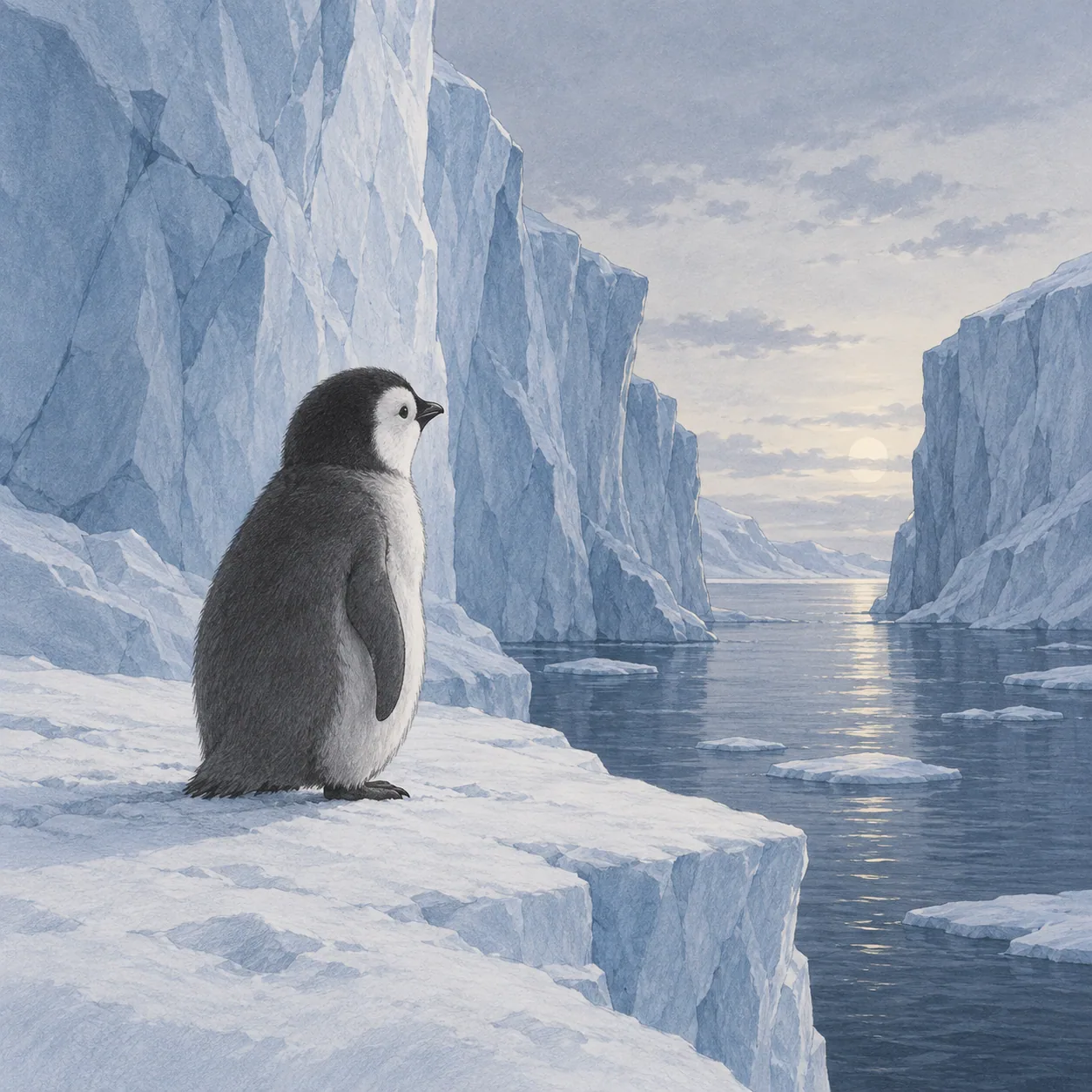 A small penguin standing beside a blue ice shelf