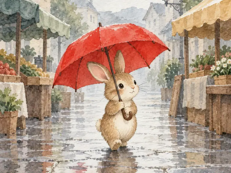 A small rabbit carrying an umbrella through a rainy market