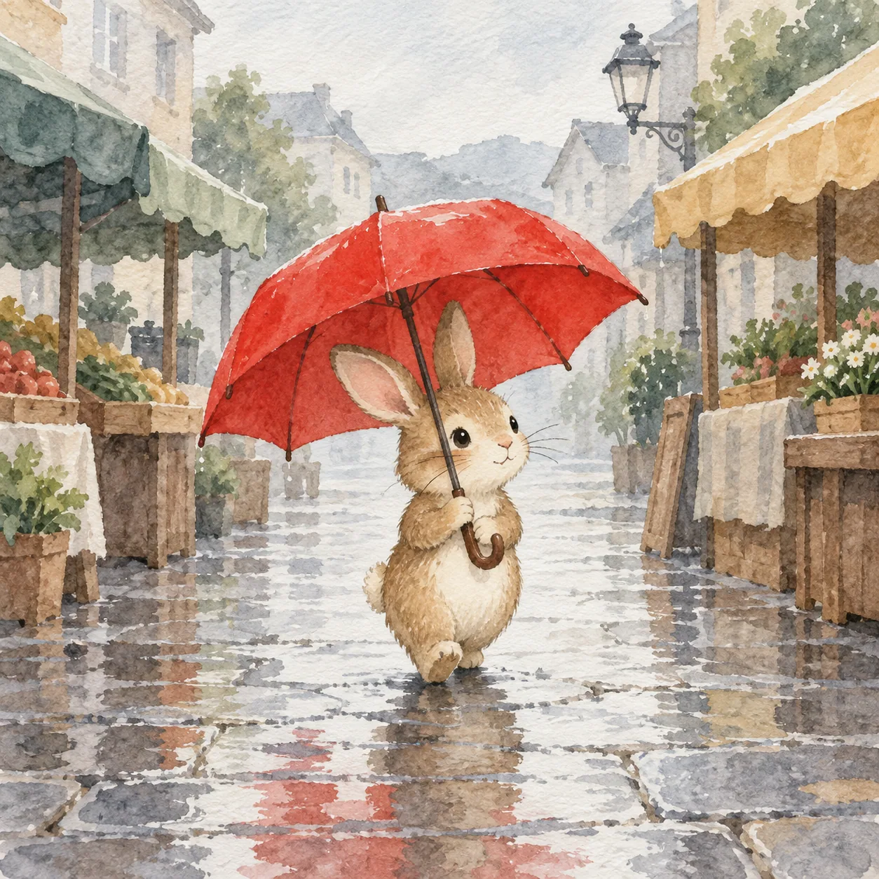 A small rabbit carrying an umbrella through a rainy market