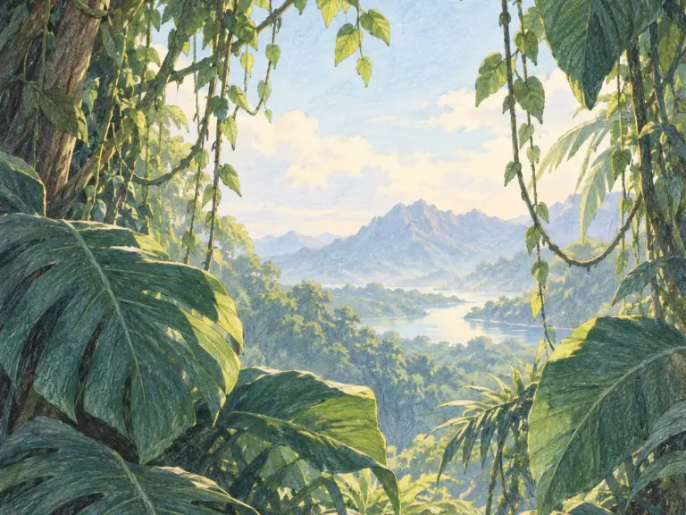 An anime-inspired rainforest opening framed by broad leaves and hanging vines