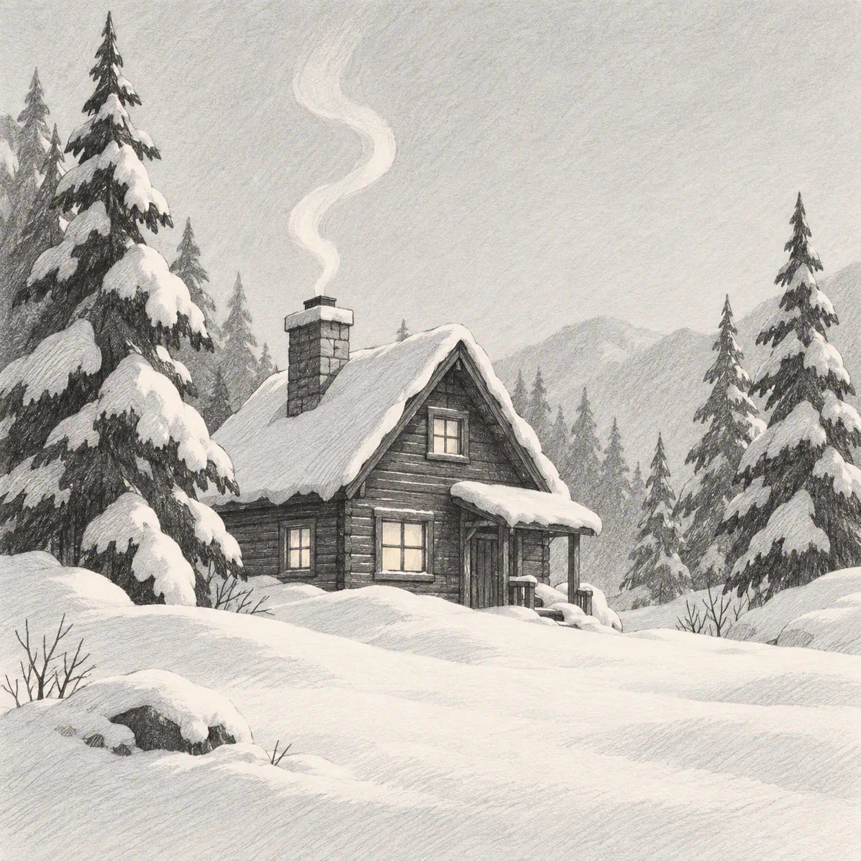 A cartoon cabin releasing one curl of smoke in a quiet snowy forest
