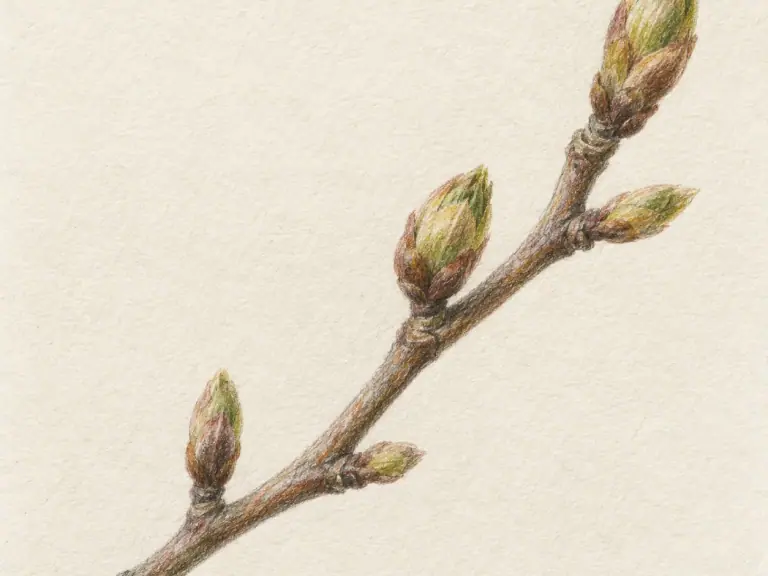 A realistic spring branch with swelling buds against a pale background