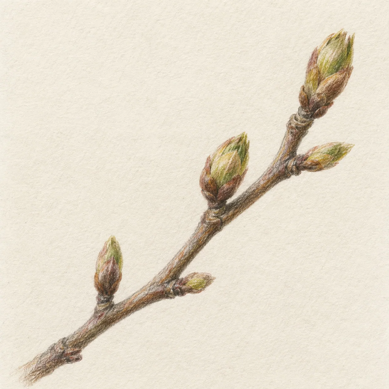 A realistic spring branch with swelling buds against a pale background