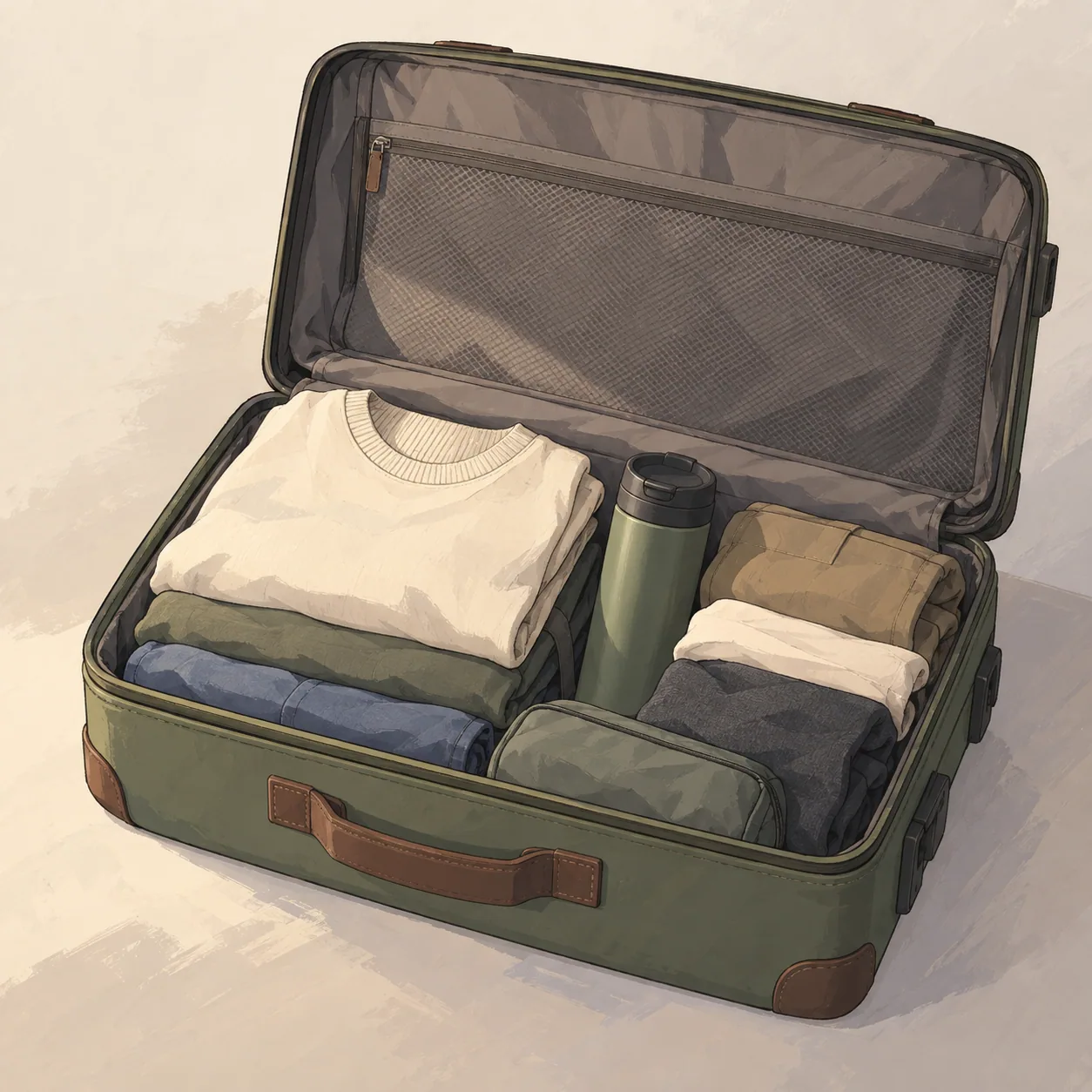 An anime-inspired open suitcase with neatly folded clothes and a small travel mug