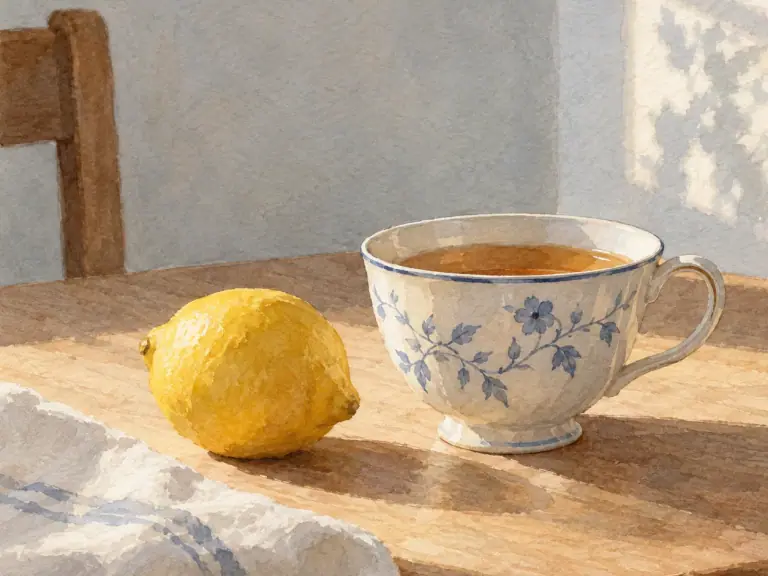 A teacup beside a lemon on a quiet kitchen table