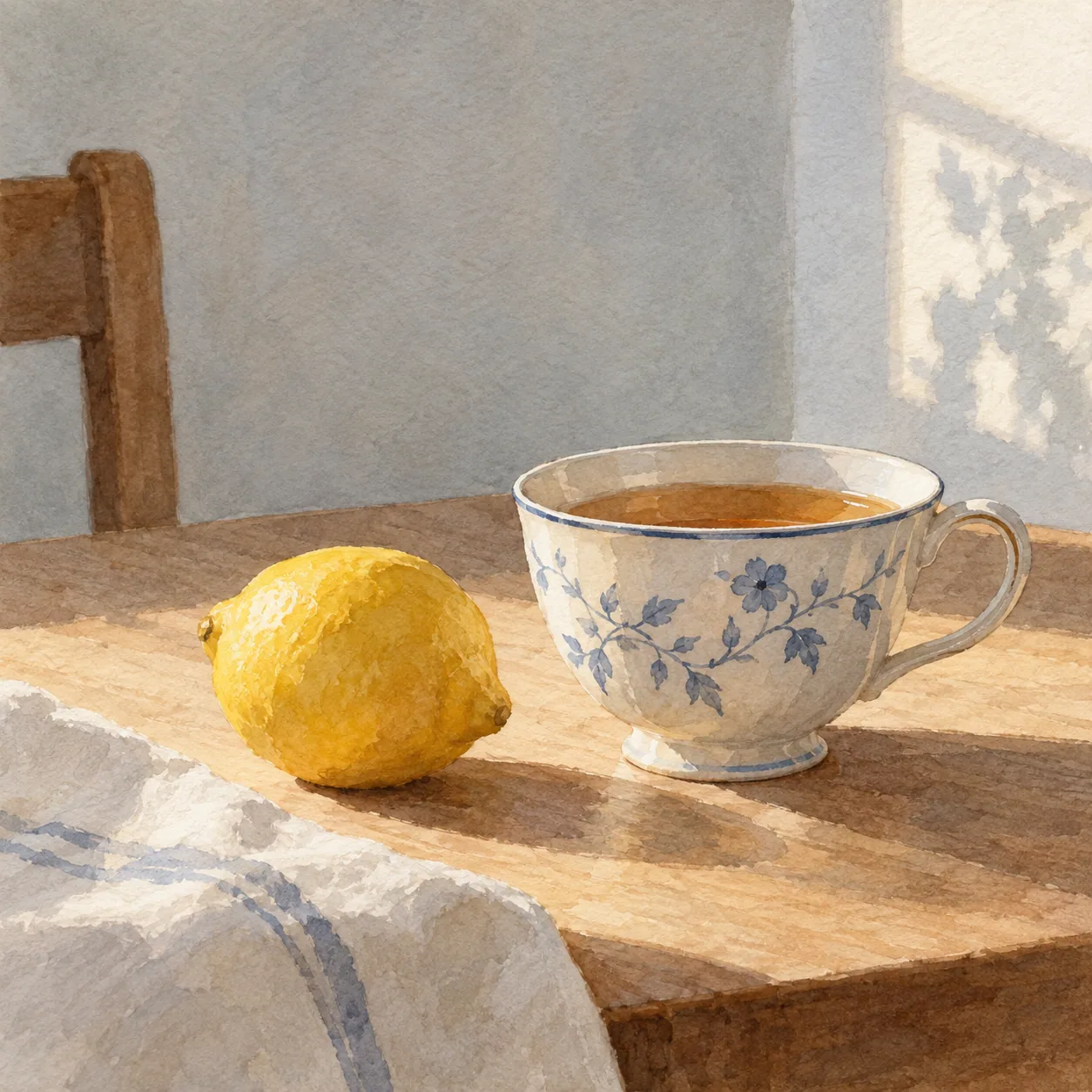 A teacup beside a lemon on a quiet kitchen table