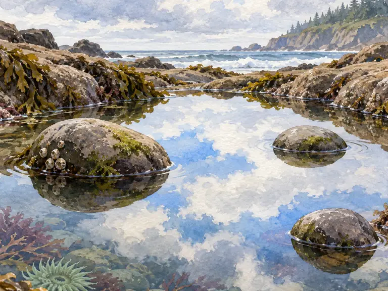 A bright tide pool reflecting a cloudy coastal sky