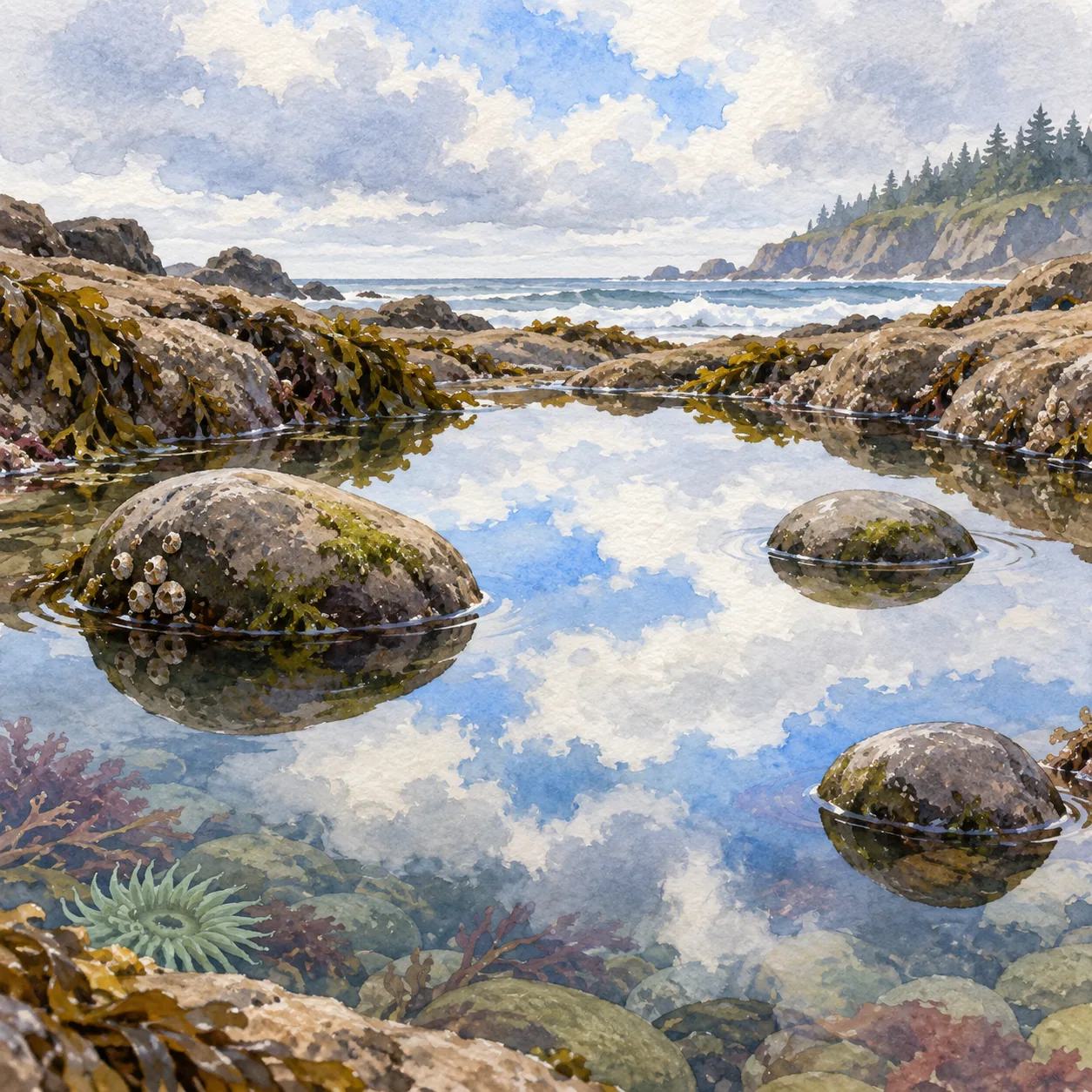 A bright tide pool reflecting a cloudy coastal sky