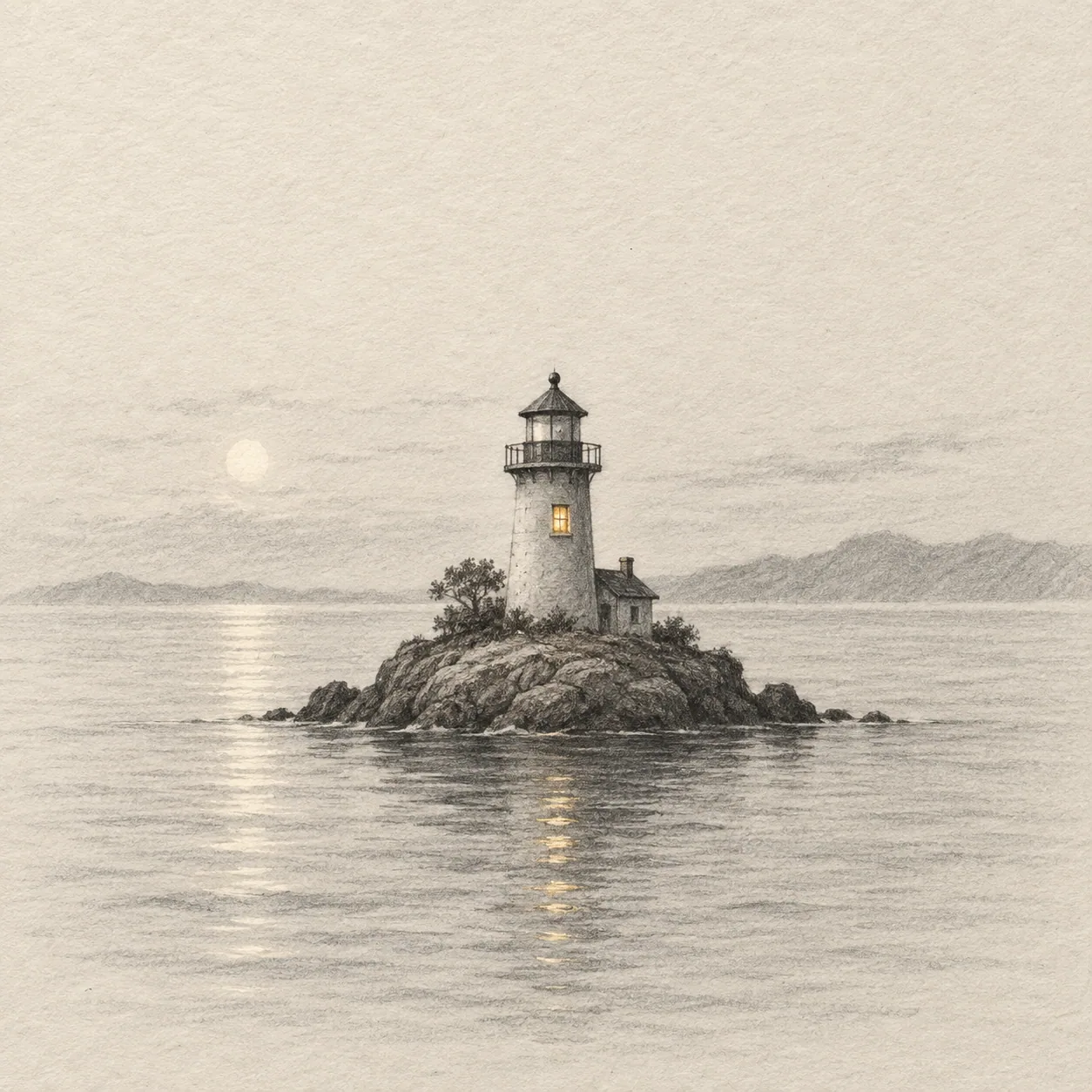 A tiny lighthouse standing on a teacup-sized island