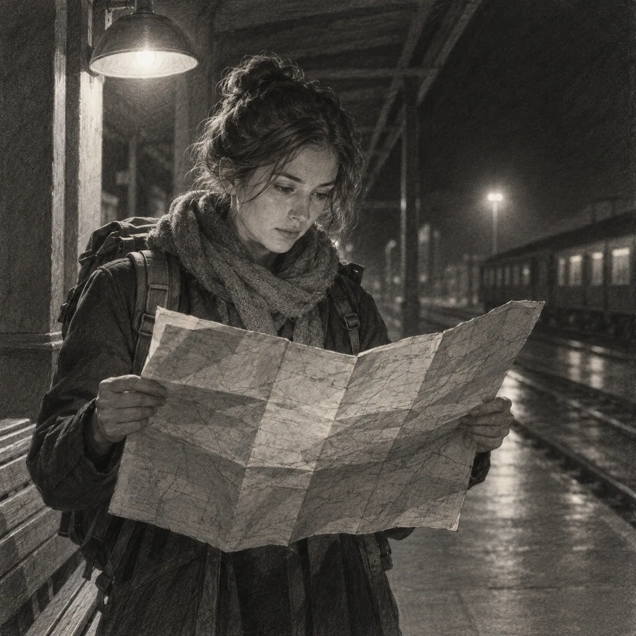 A traveler unfolding a worn map at a night station