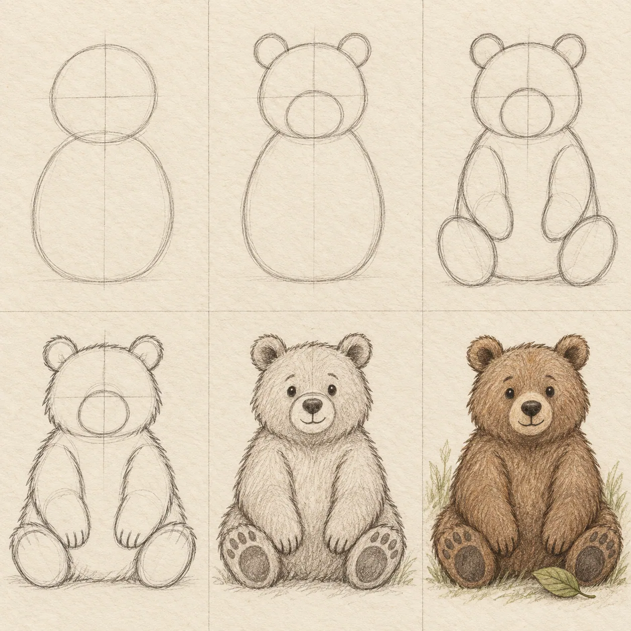 Six pencil sketch panels showing how to draw a bear step by step