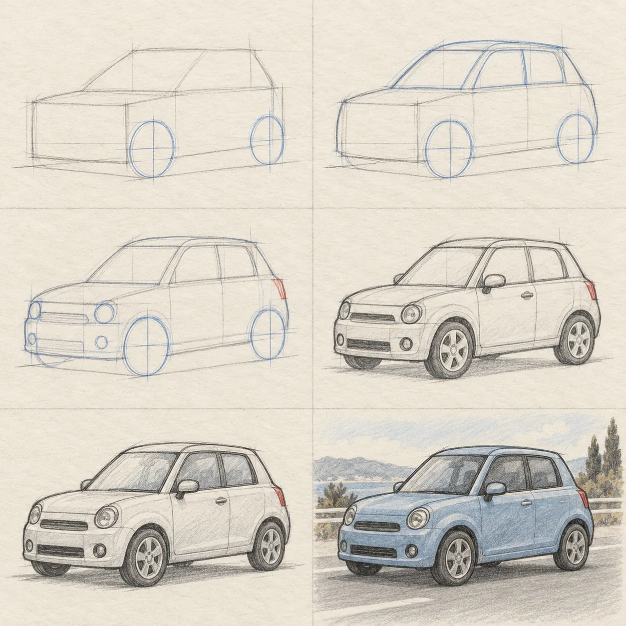 Six pencil sketch panels showing how to draw a car step by step