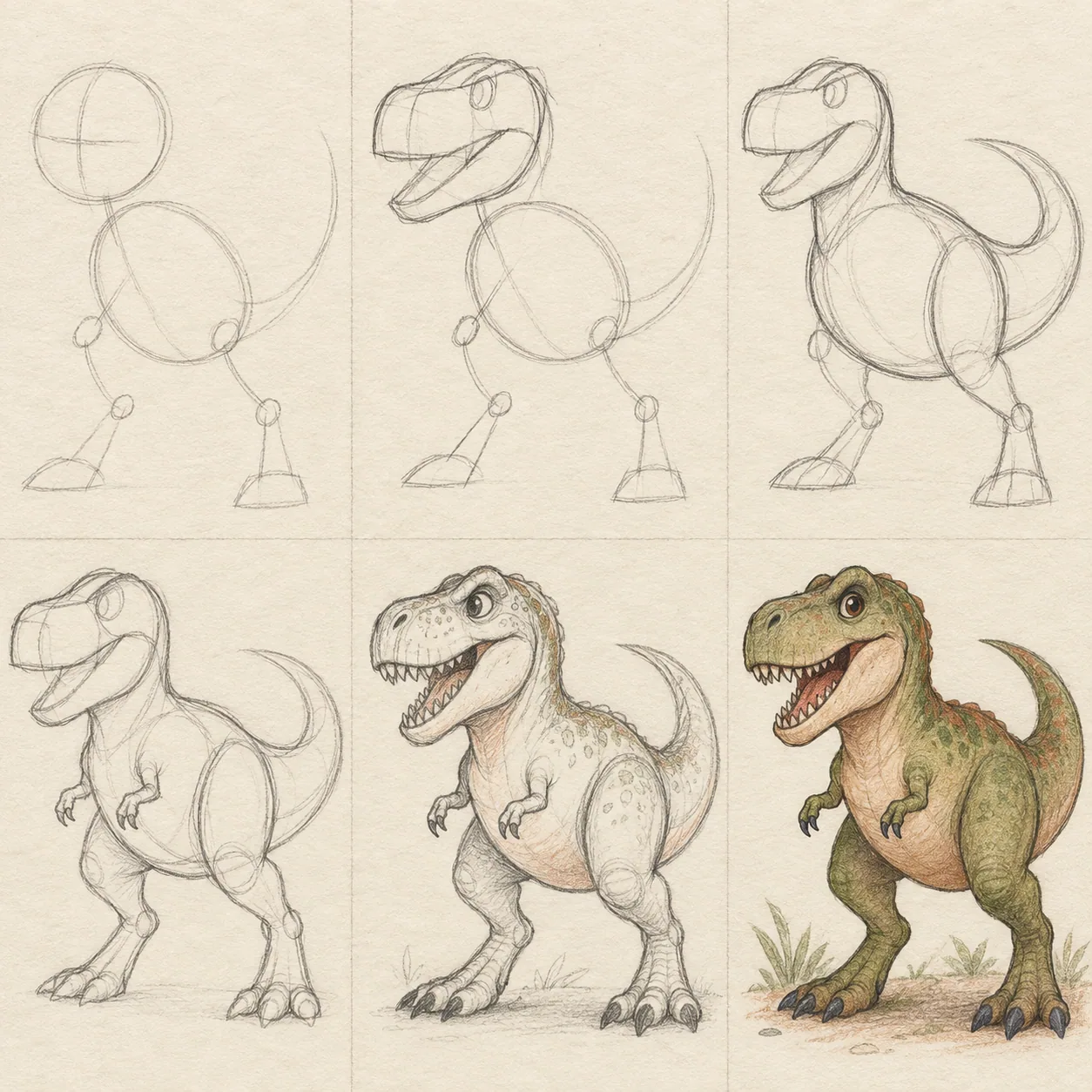 Six pencil sketch panels showing how to draw a dinosaur step by step