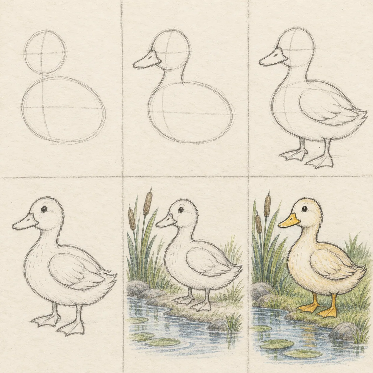 Six pencil sketch panels showing how to draw a duck step by step