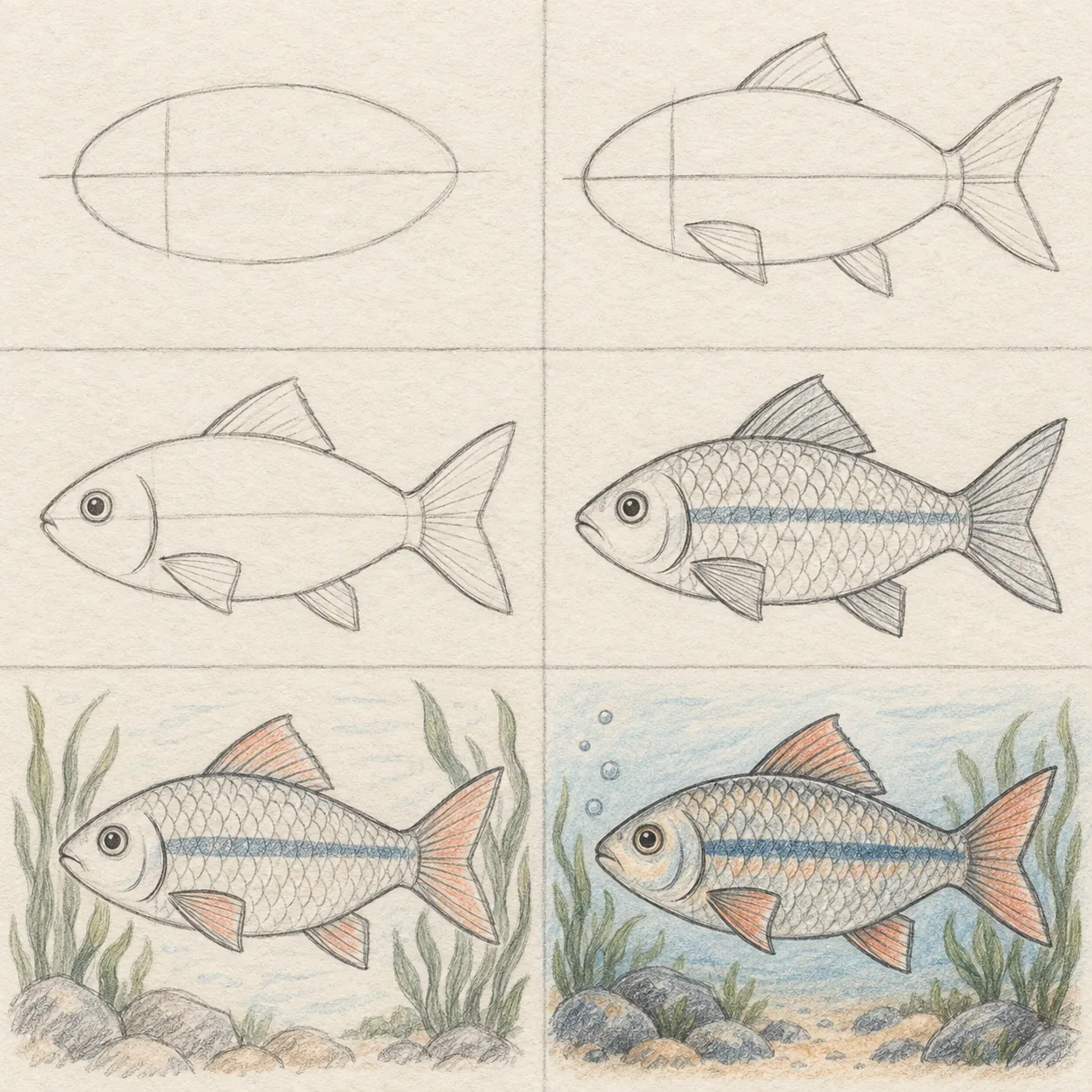 Six pencil sketch panels showing how to draw a fish step by step