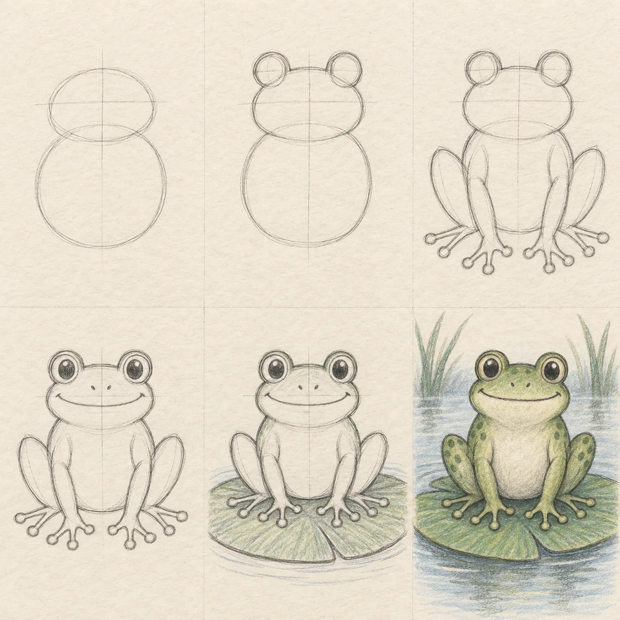 Six pencil sketch panels showing how to draw a frog step by step