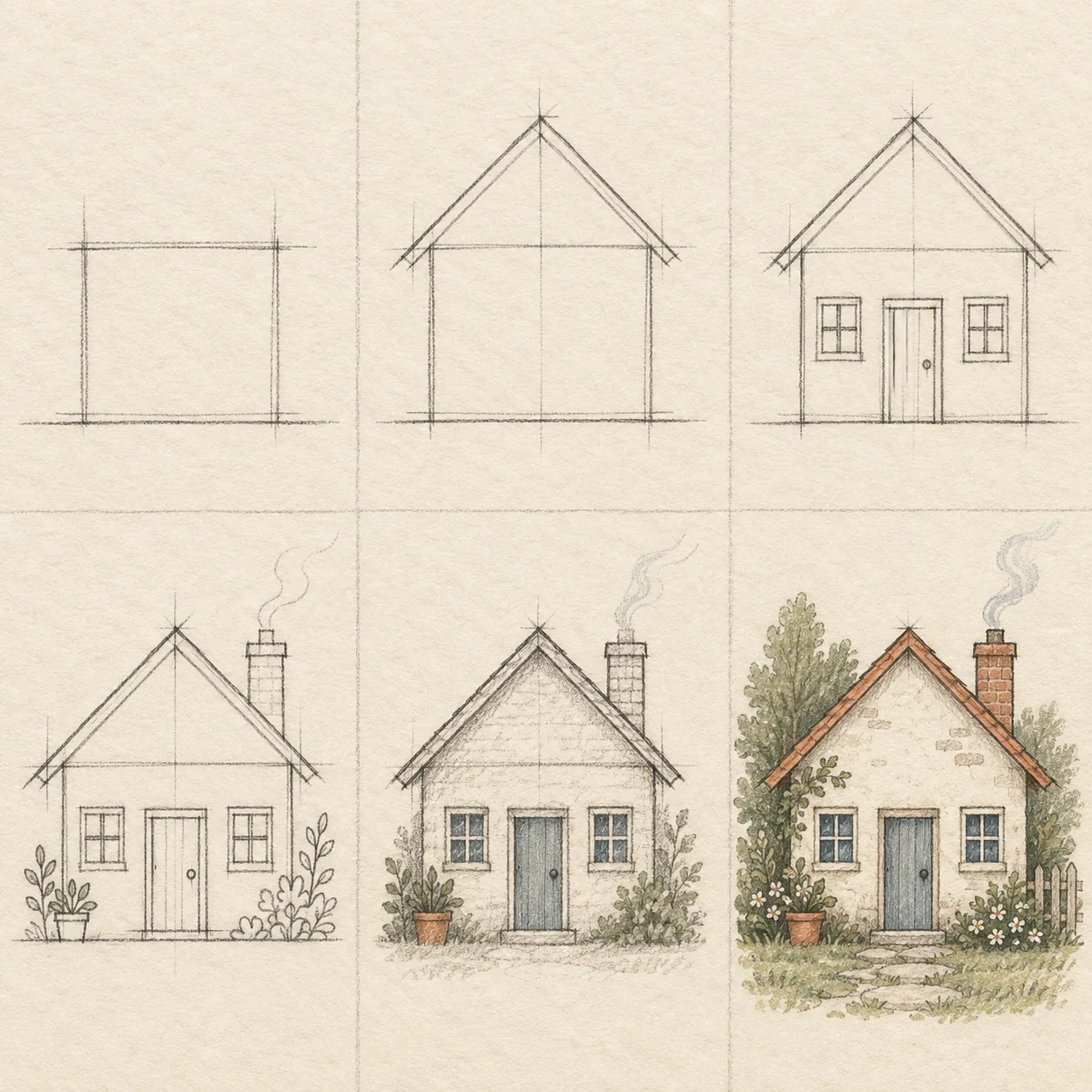 Six pencil sketch panels showing how to draw a house step by step