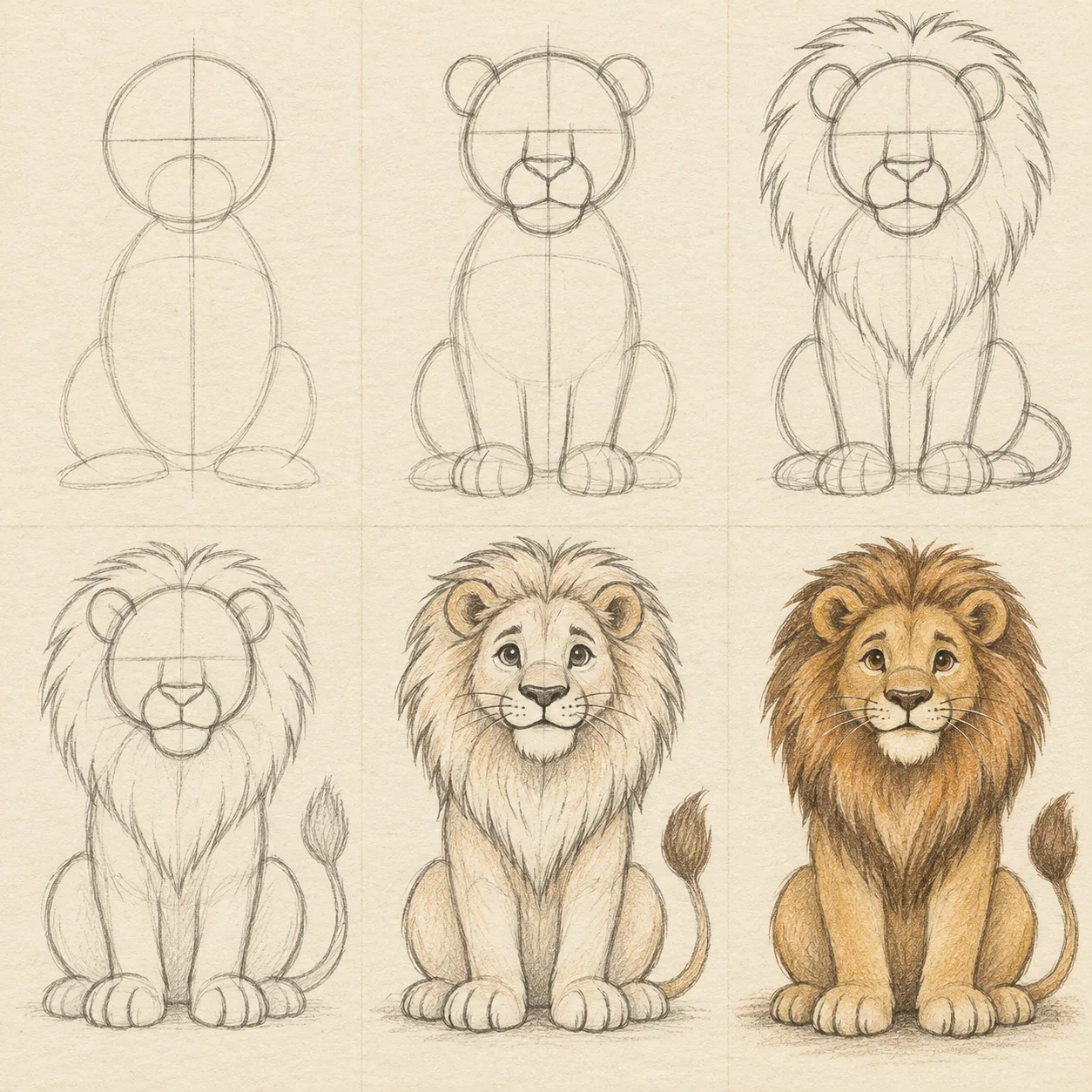 Six pencil sketch panels showing how to draw a lion step by step