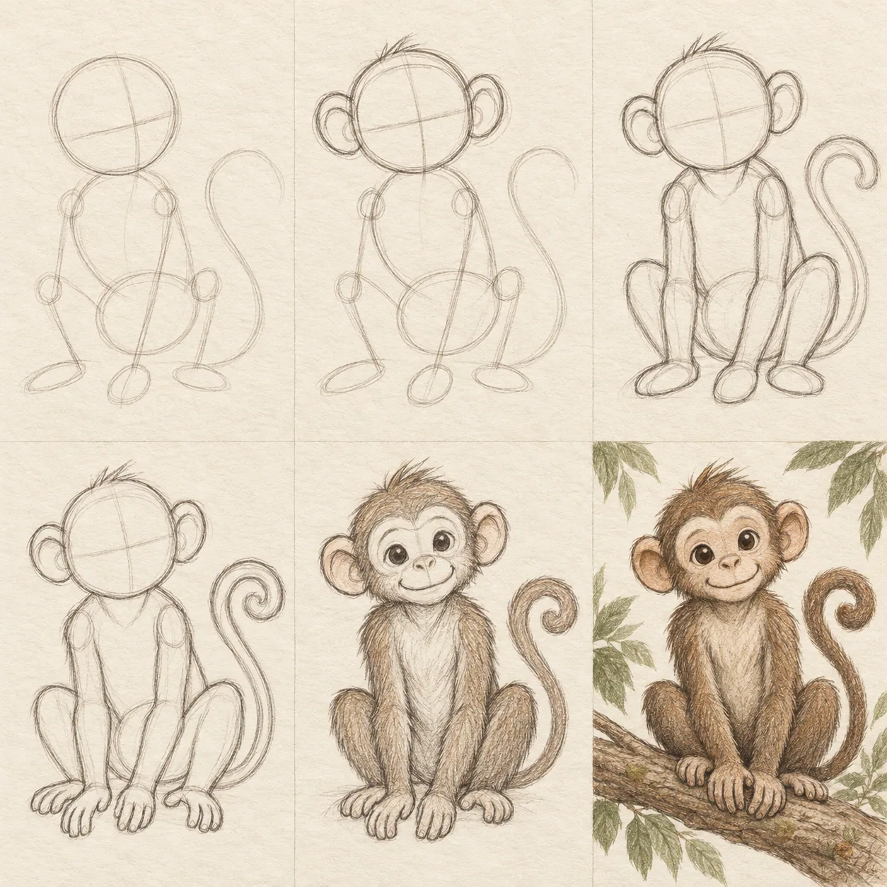 Six pencil sketch panels showing how to draw a monkey step by step