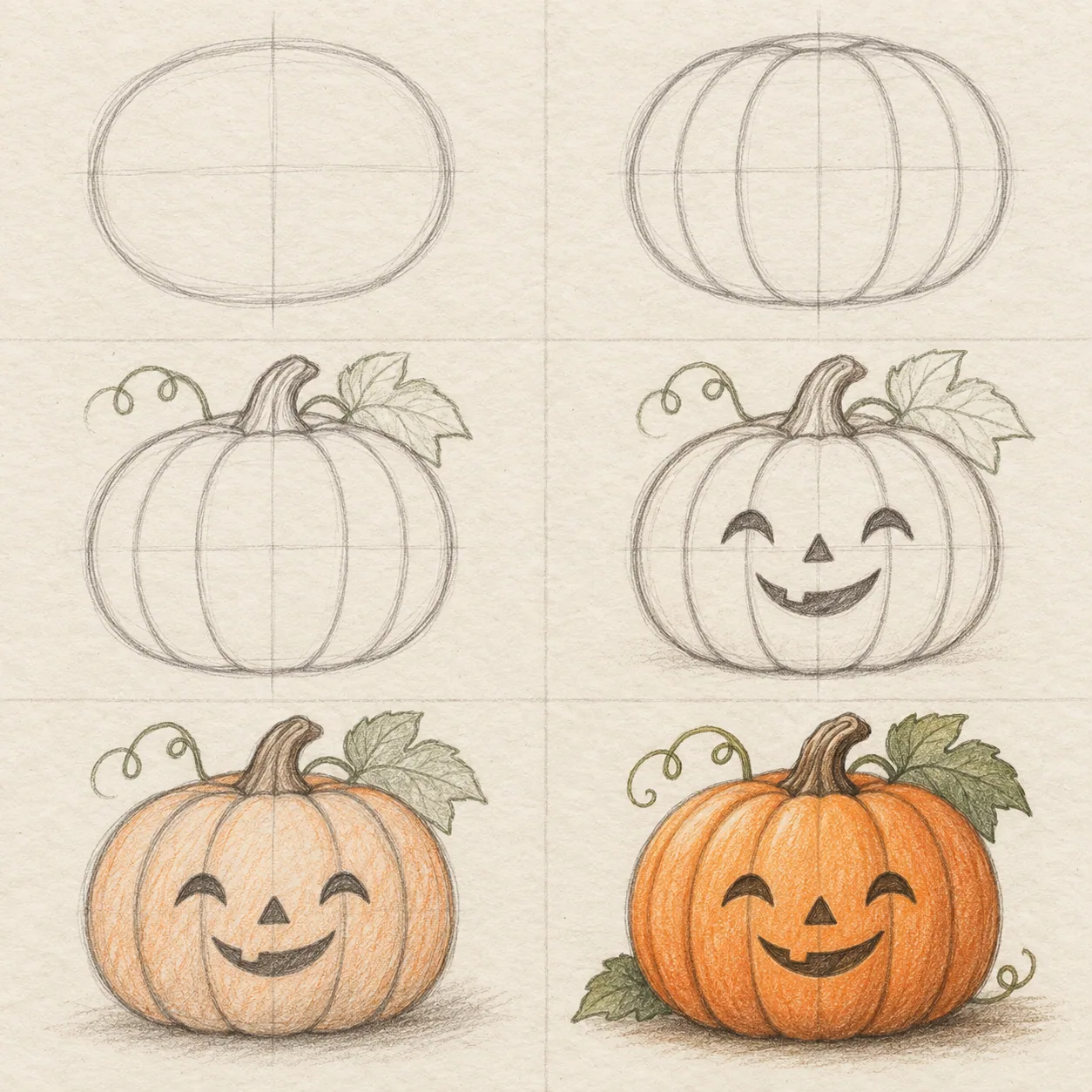 Six pencil sketch panels showing how to draw a pumpkin step by step