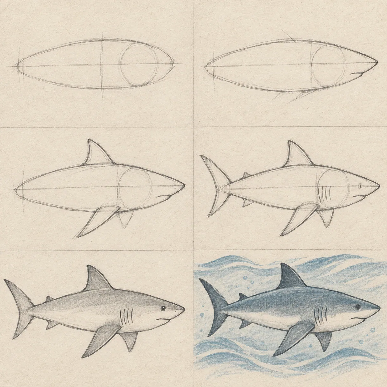 Six pencil sketch panels showing how to draw a shark step by step