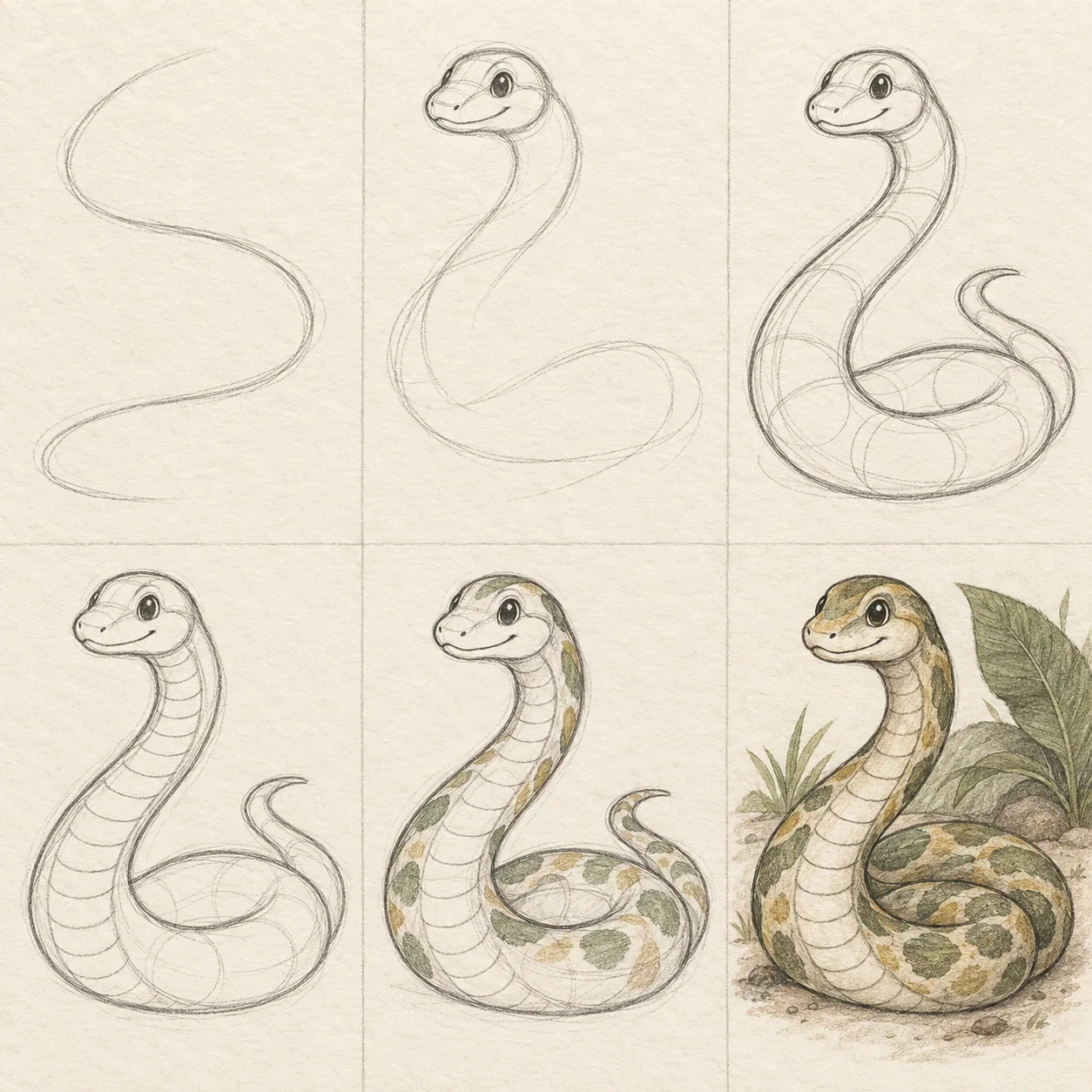 Six pencil sketch panels showing how to draw a snake step by step